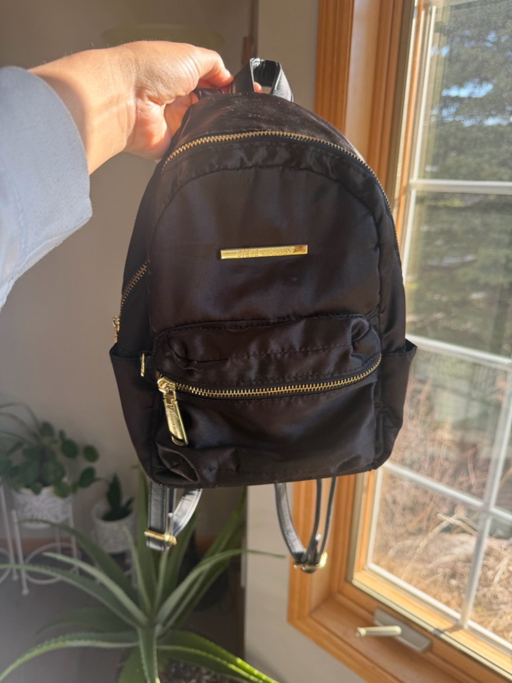 Steve Madden Black Mini Nylon Backpack with Gold Hardware